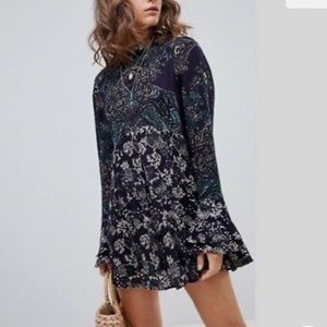 Free People Top Lady Luck Tunic Long Bell Sleeve Blue Combo Sz.XS